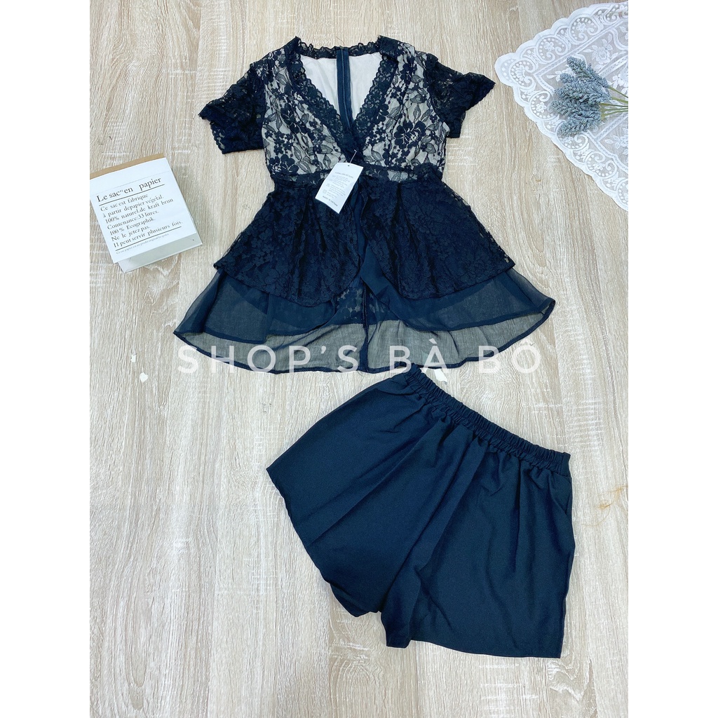 Set áo xẻ tà, quần short một màu đen cho nữ mặc nhà, mặc đi chơi, phong cách hot girl