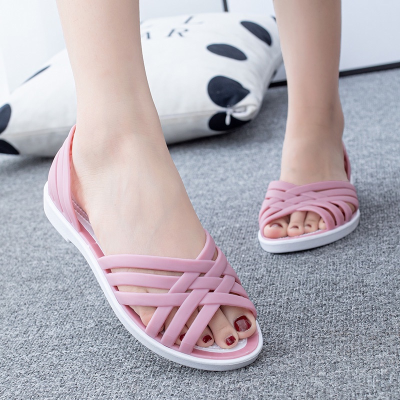 Xăng đan Nhựa Dẻo Đế Bằng Đục Lỗ Thoáng Khí Thời Trang Mùa Hè Cho Nữ