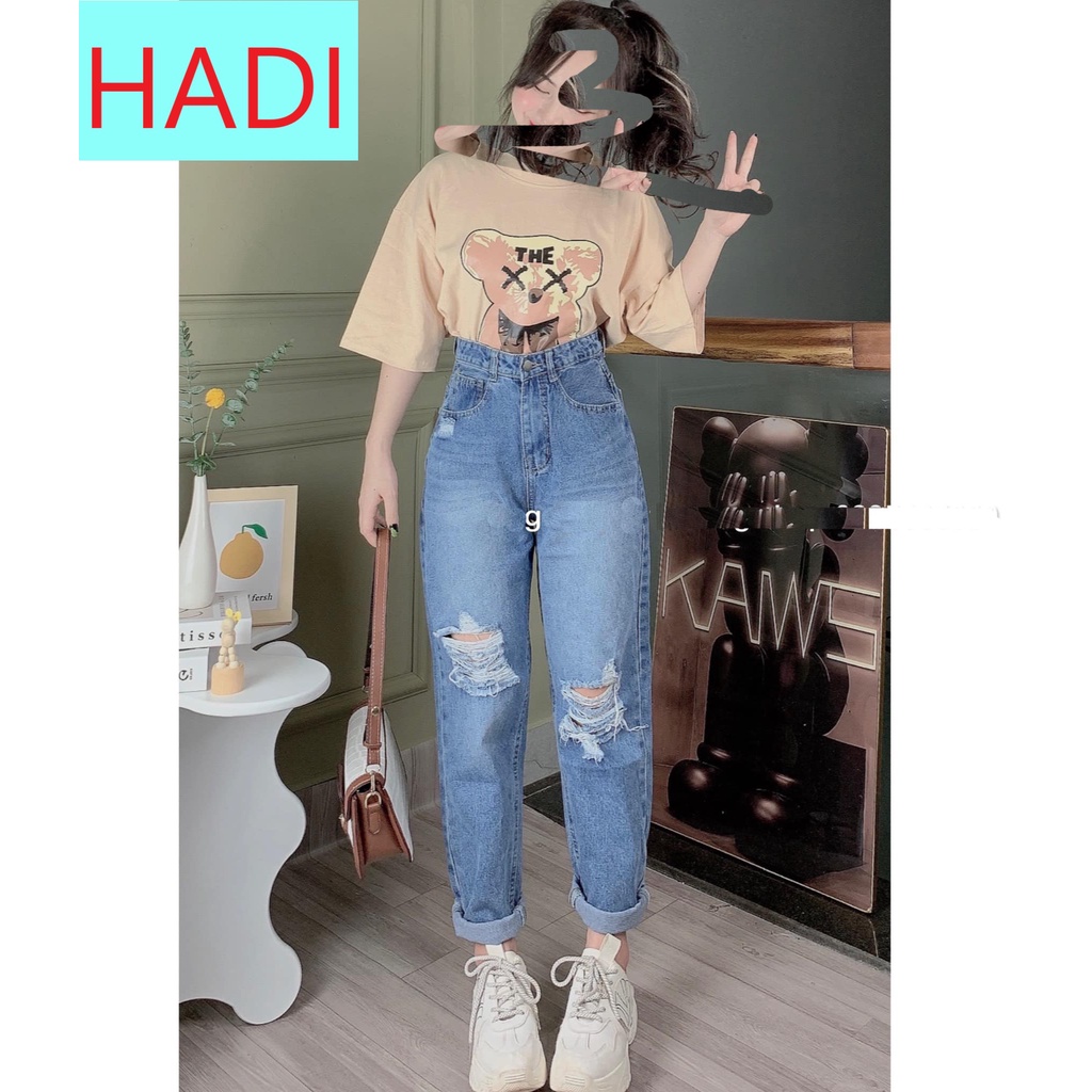 QUẦN BAGGY JEANS NỮ LƯNG CAO RÁCH 2 MẢNG GỐI LỆCH VUÔNG MÀU XANH CAO CẤP HADI THỜI TRANG VANG DANH PHONG CÁCH