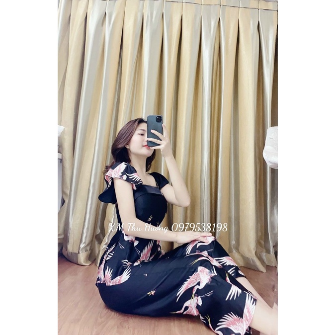 Sét bộ mặc nhà quần ống rộng áo cúp ngực, dây cánh tiên họa tiết chim hạc siêu sang