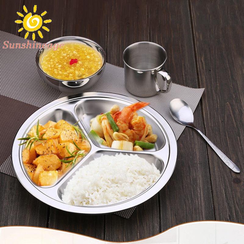 Stainless Steel 3 Compartment Divided Plate Food Serving Lunch Dinner Dish Tray