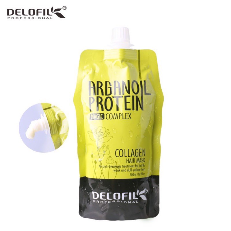 Hấp dầu Collagen Delofil Argan Oil Protein siêu mượt 500ml (túi)