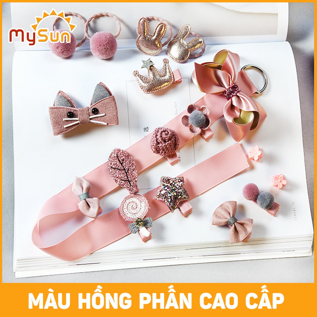 Kẹp tóc cho bé gái 15 CHI TIẾT Hộp nơ dây buộc cài tóc trẻ em, phụ kiện cặp tóc cho bé gái xinh xắn Hàn Quốc - MYSUN