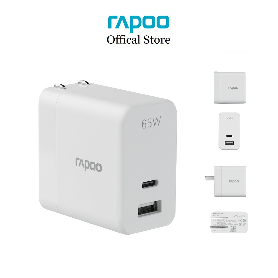 Cốc sạc Rapoo PA65 - Phích cắm có thể gập gọn, Công suất 65W, Đầu ra giao diện kép USB-C + USB-A