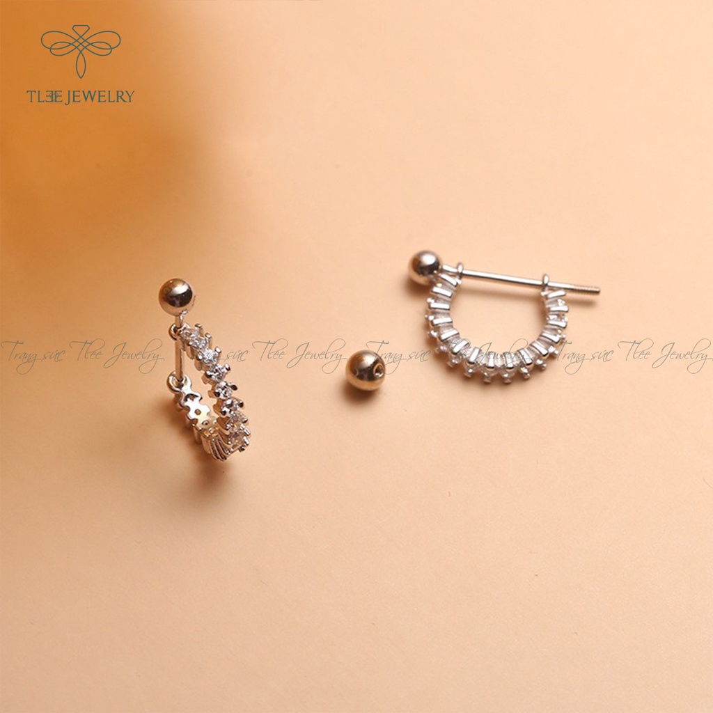 Khuyên tai bạc unisex TLEE cong nạm đá chốt vặn thẳng NCJ B0149