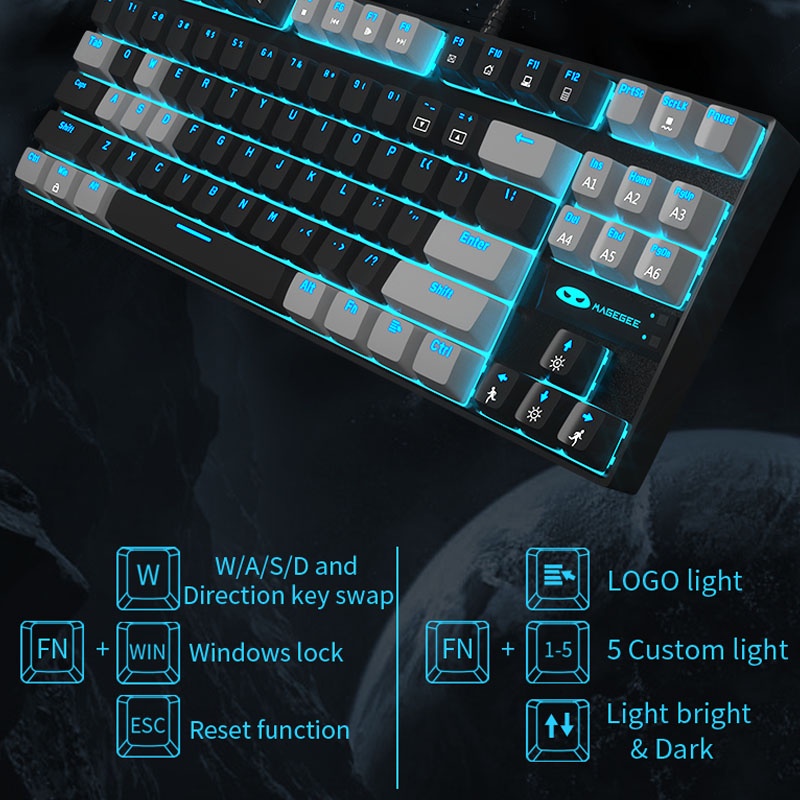 Bàn phím cơ MAGEGEE MK-Star chơi game có dây 87 phím đèn nền LED chất lượng cao thời trang
