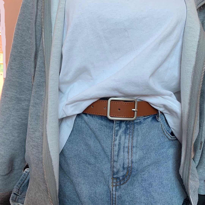 Thắt Lưng Da PU Khóa Vuông Màu Vàng Kim Đơn Giản Dễ Phối Đồ Phong Cách Retro Mới