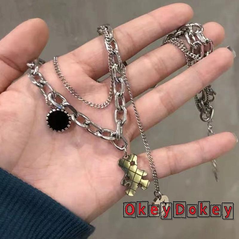 Dây chuyền dáng ngắn hai lớp mặt hình gấu hoạt hình và mặt cười phong cách đơn giản thời trang dành cho nữ