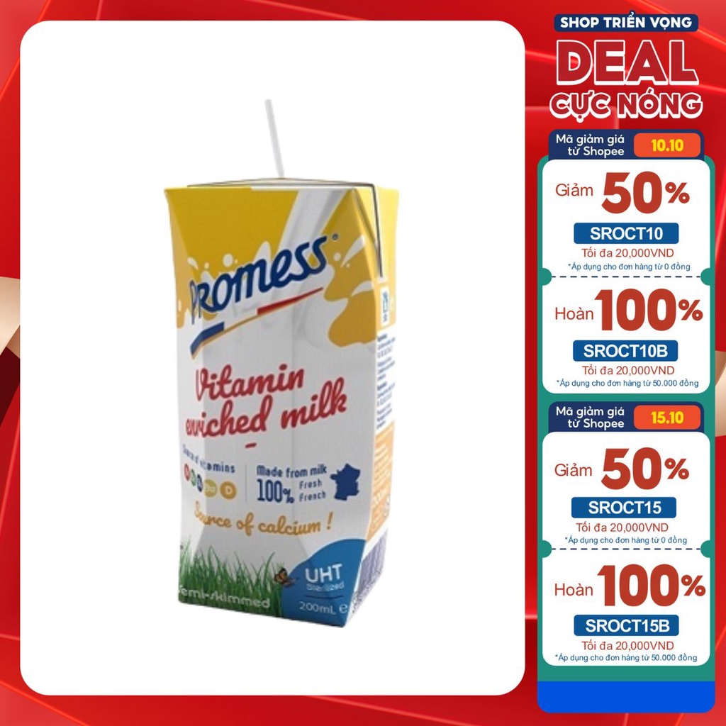 Hộp 200ml sữa tươi không đường Vitamin Promess nhập khẩu Pháp.