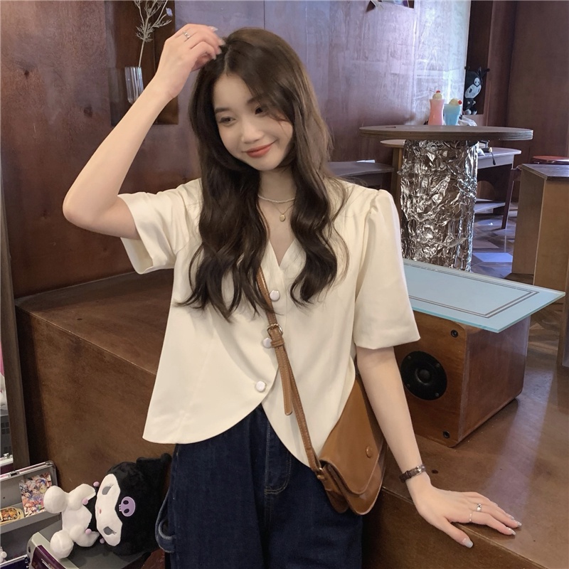 Áo Sơ Mi Nữ Cổ Chữ V Tay Ngắn Cài Một Hàng Nút Màu Hồng 53025