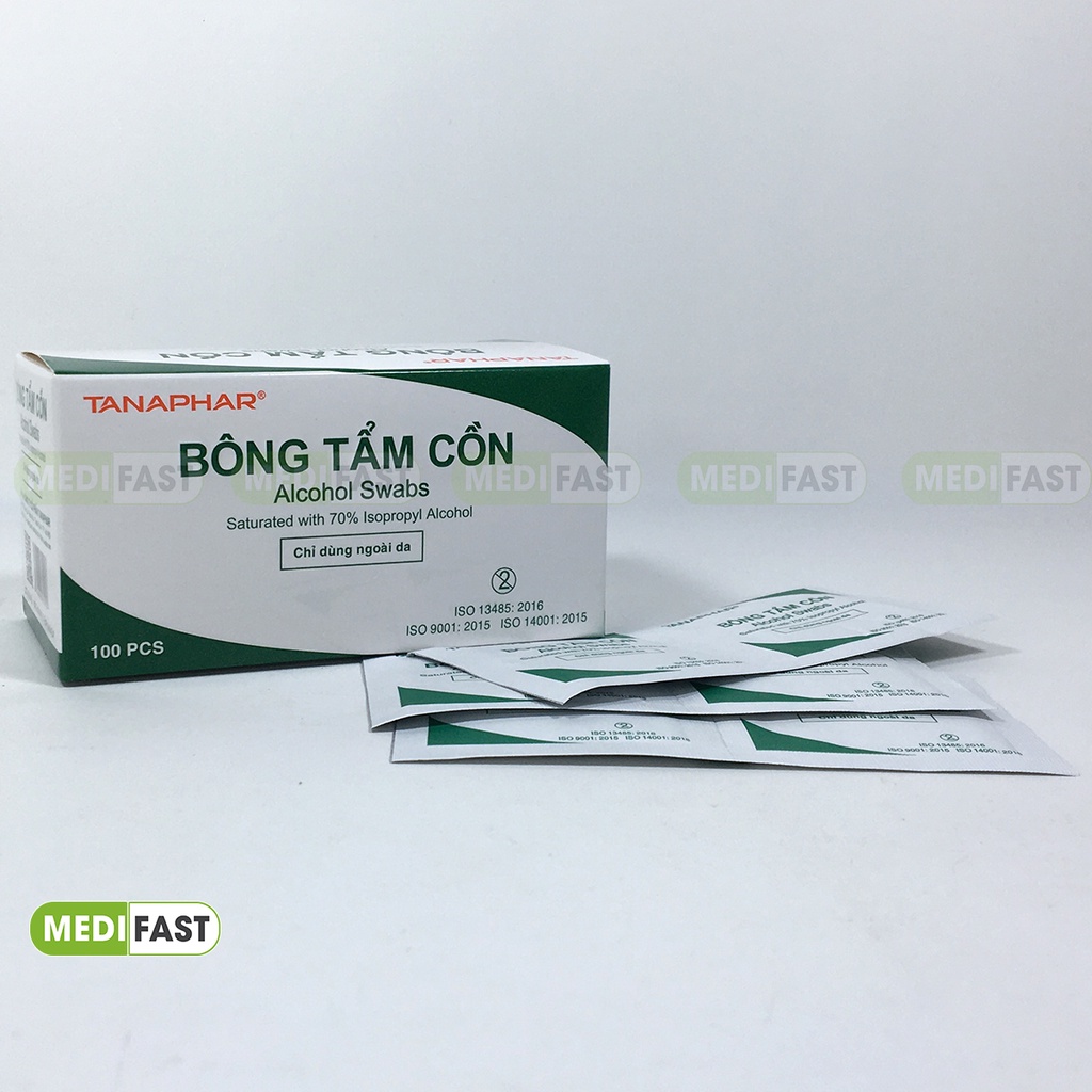 Bông tẩm cồn để sát khuẩn tay nhanh - Tanaphar - Hộp 100 miếng tiện lợi khử khuẩn tay nhanh