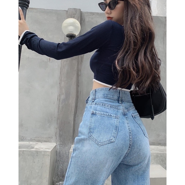 Quần jeans ống suông chạy gân hai nắp, hình thật 100%
