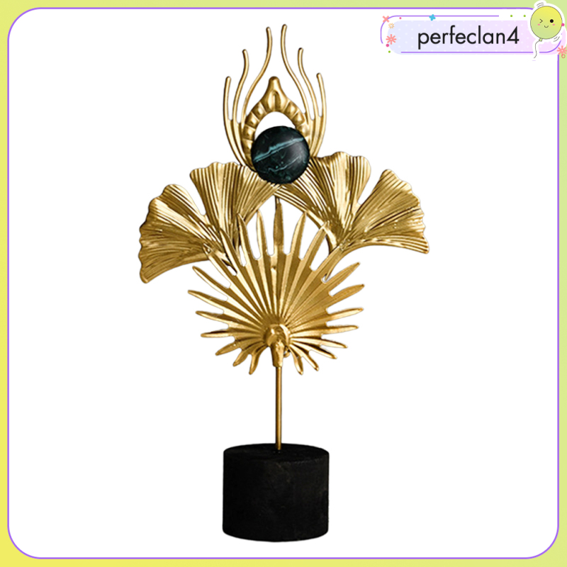 🍁perfeclaneArt Sculpture Wrought Iron Peacock Feather Statue Golden Ginkgo Leaf Figurines with Safe Wooden Base Living Room Bedroom Home Decor Ornaments