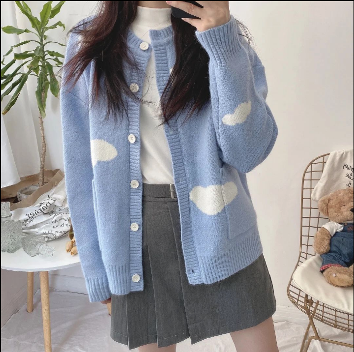 Áo Khoác Lông Frity Korean Blue Sky White Cloud Knitted Cardigan Female Loose Round Neck Student Sweater Coat