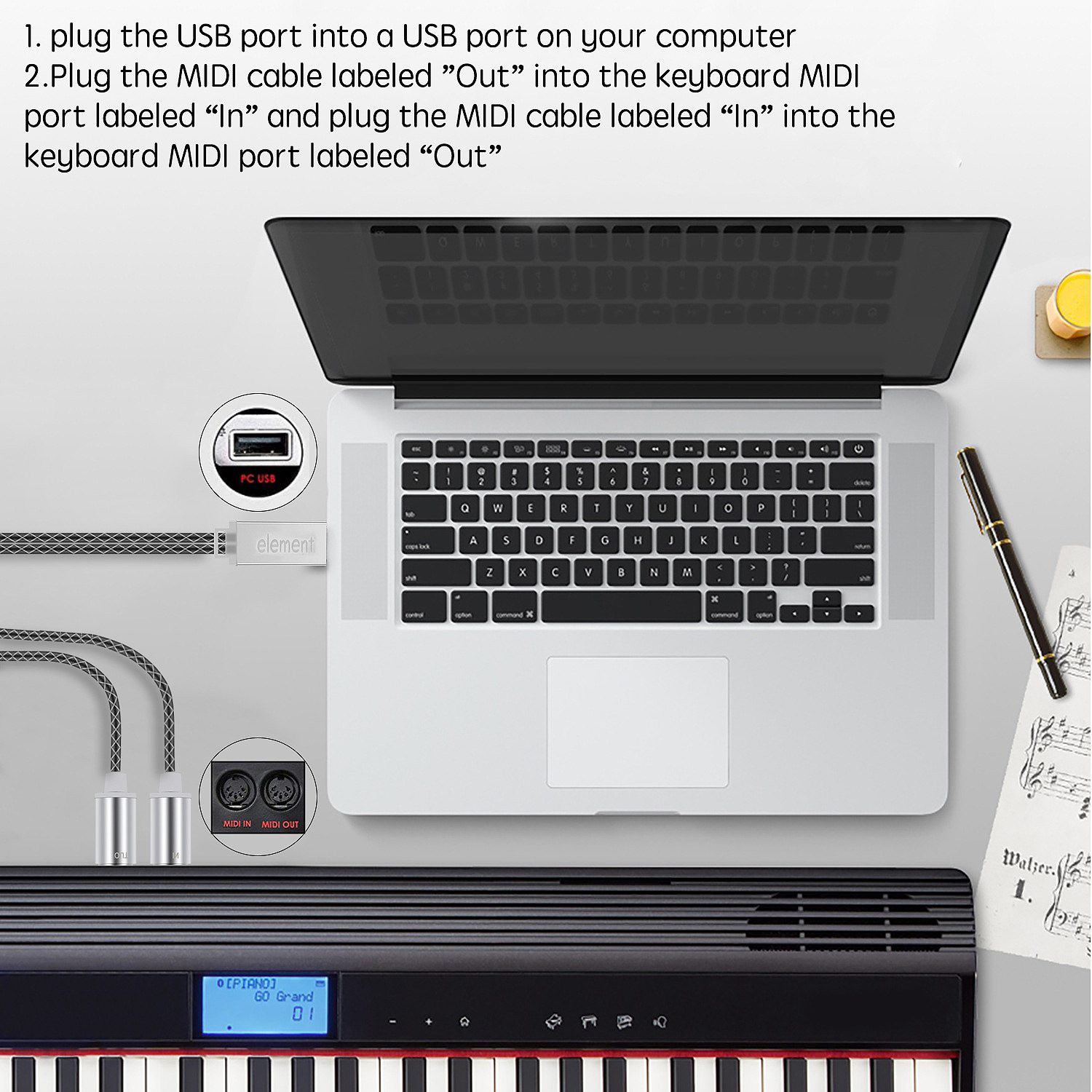 Dây Cáp Chuyển Đổi Midi Sang Usb Cho Đàn Piano Điện Tử Pc Mac Windows 5 Pin In-Out 1.8m