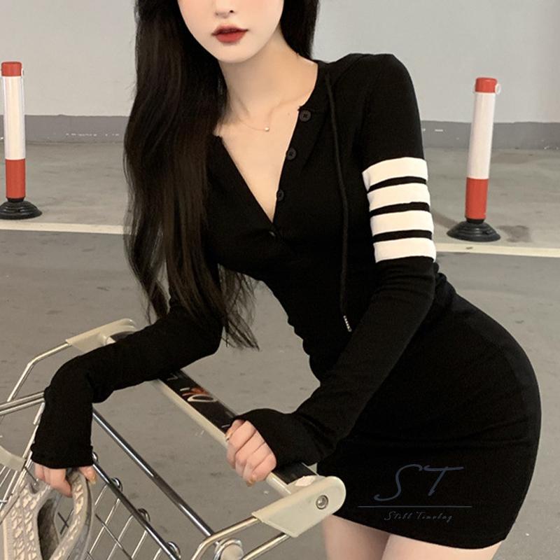 Đầm Nữ Dáng Ôm Tay Dài Cổ Bẻ Co Giãn In Kẻ Sọc Thanh Lịch CY03