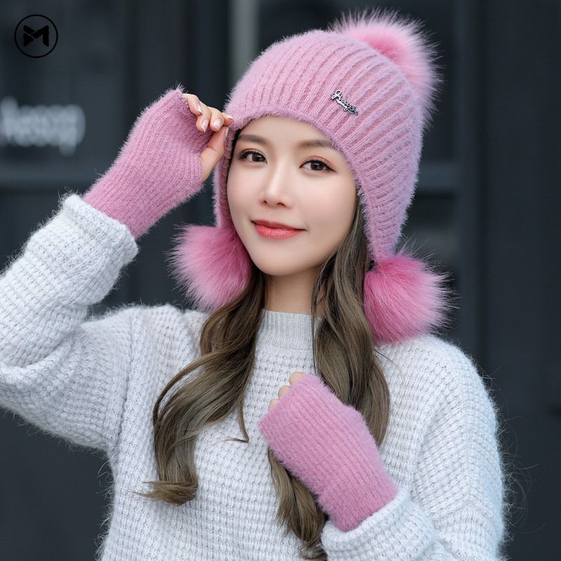 Set Mũ Len Kèm Găng Tay Giữ Ấm Mùa Đông Thời Trang Dành Cho Nữ