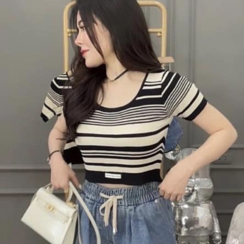 Áo len kẻ Alex Wang cổ tròn dánh lửng croptop