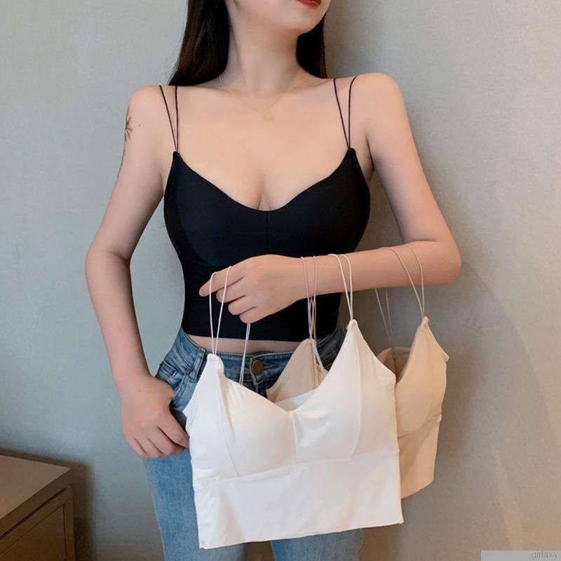 Áo hai dây màu trơn có đệm ngực phong cách Hàn Quốc cho nữ