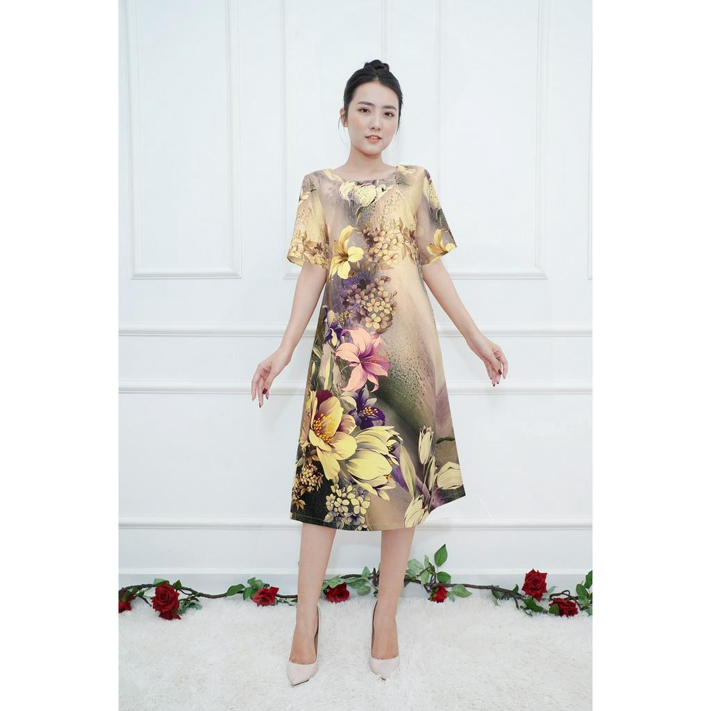 GOTI – Đầm Dự Tiệc Trung Niên Dáng Suông Bigsize 48-80kg  Giấu Bụng Cao Cấp In Hoa Ly Tím Cho Mẹ U50 U60 3374 3347 3345