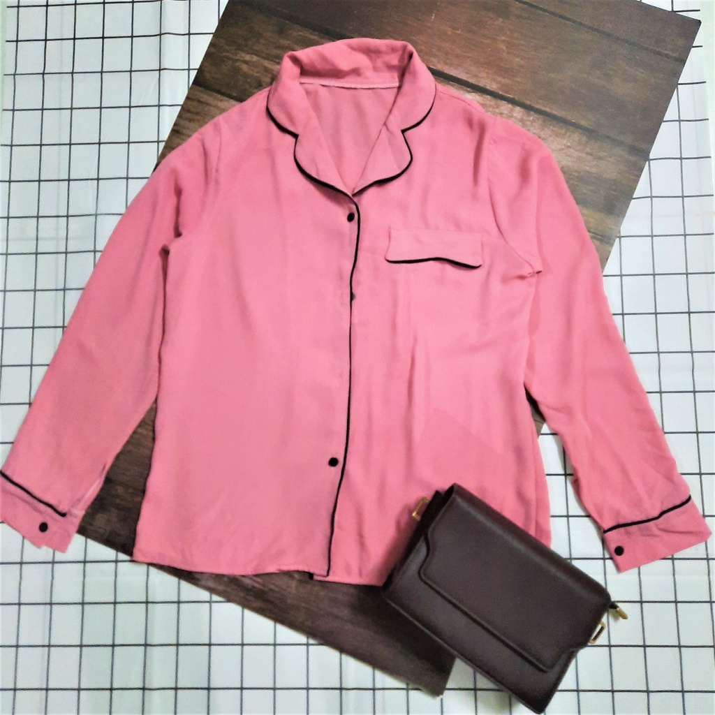 áo sơ mi hồng style áo ngủ - Thanh lý áo sơ mi voan hồng cổ vét - Pass áo sơ mi cổ vét style đồ ngủ - Hồng3-A