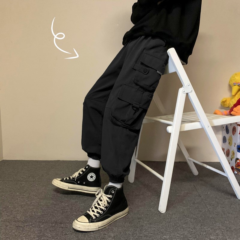 Quần dài ống rộng màu trơn thiết kế dây rút nhiều túi phong cách hiphop đường phố thời trang cho nam size m-4xl