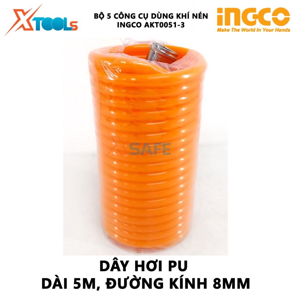 Bộ 5 công cụ dùng khí nén INGCO AKT0051-3 | dụng cụ xịt hơi 5 chi tiết gồm Dây hơi PU, Súng thổi khí, Súng phun sơn, Sún