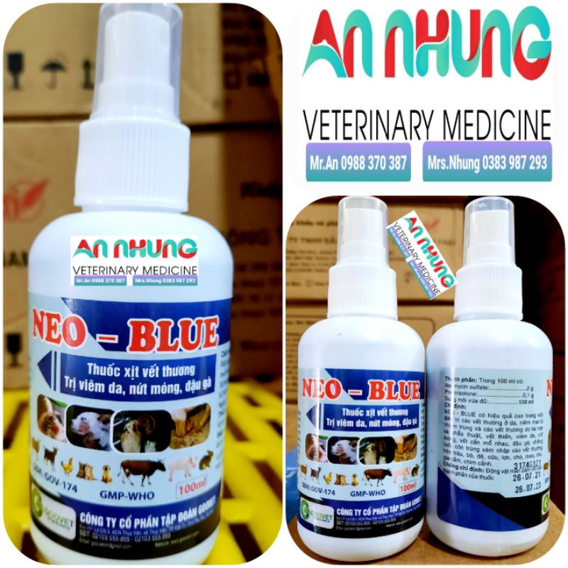 Goovet Neo Blue 100ml xịt vết thương, nứt móng, viêm da