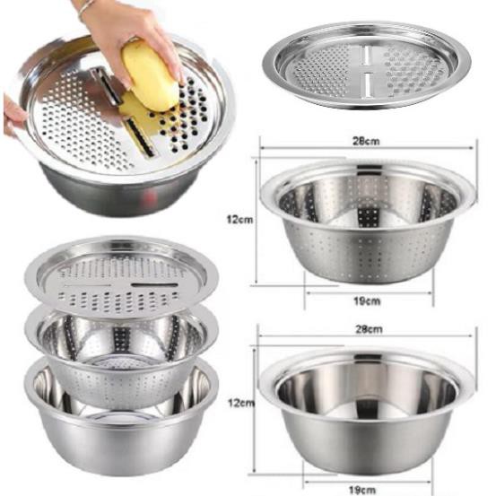 Bộ Rổ Inox Kèm Nạo Rau Củ 3 Chi Tiết-Bộ rổ chậu kèm nạo đa năng tiện lợi