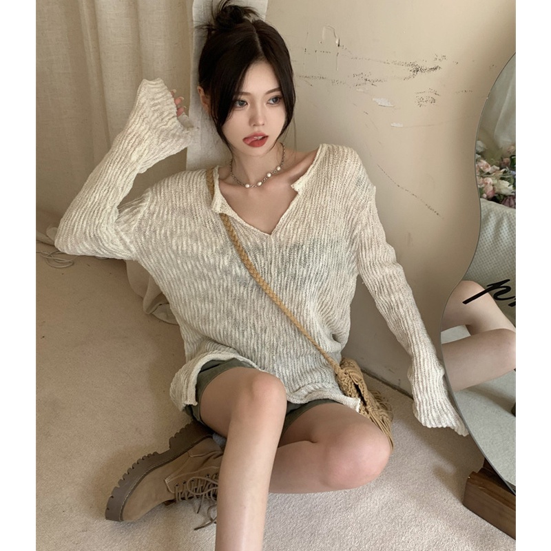 Áo Dệt Kim Chống Nắng Dáng Rộng Cổ Chữ V Xẻ Tà Gợi Cảm Hợp