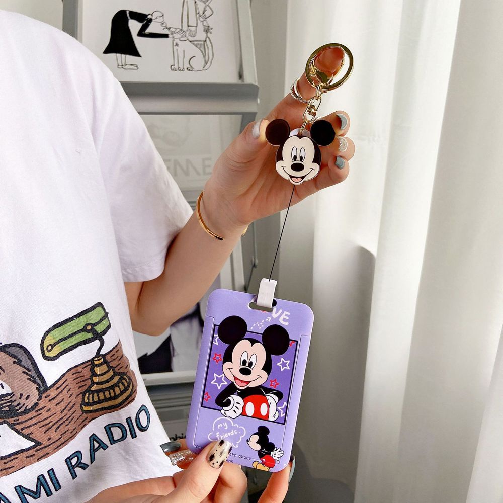 Bao đựng bảng tên/thẻ ngân hàng họa tiết Mickey/vịt/thỏ/Stitch/bé gái hoạt hình với móc khóa dây rút cho nữ