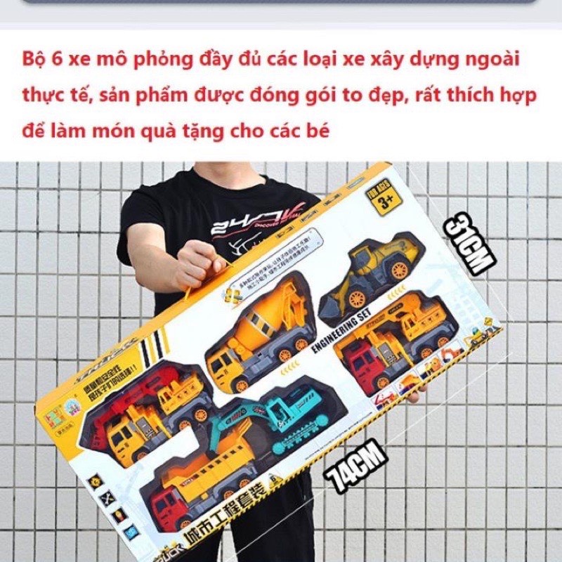 Set 6 xe xây dựng công trình, xe cứ hỏa, cứu hộ thành phố, xe vệ sinh môi trường, xe cảnh sát, xe quân sự chạy đà cỡ lớn