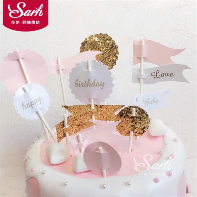 Set topper cắm bánh cờ HPBD xanh/hồng