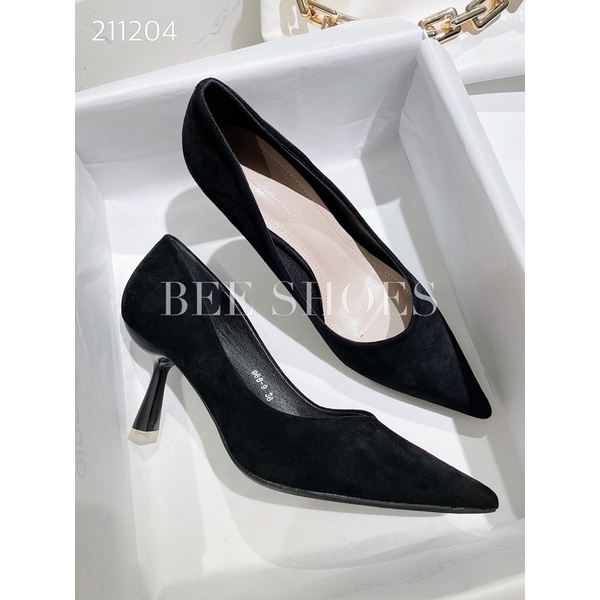 BEESHOES - GIÀY CAO GÓT NỮ MŨI NHỌN  - GIÀY CAO GÓT NỮ GÓT NHỌN CAO 5 PHÂN SẴN MÀU ĐEN DA LỘN 211204