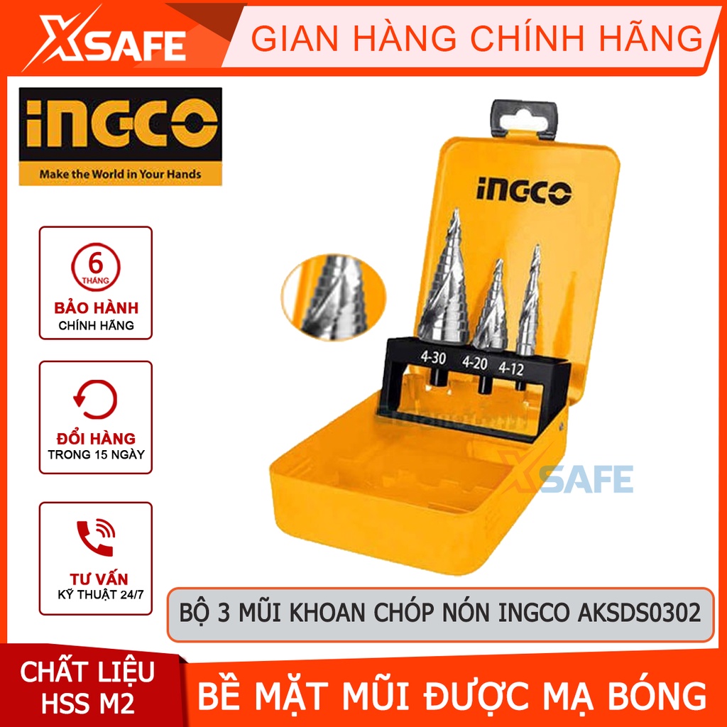 Bộ 3 mũi khoan chóp nón INGCO AKSDS0302 chất liệu HSS M2, áp dụng cho tấm thép dày tối đa 3mm, bền mặt mũi được mạ bóng