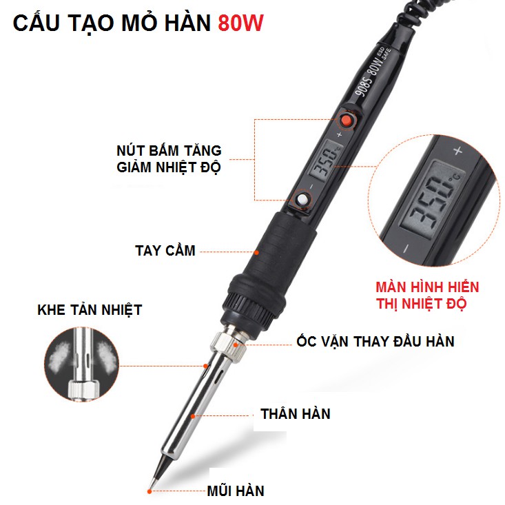 Mỏ hàn thiếc 80W điều chỉnh được nhiệt độ có màn hình LED hiển thị nhiệt độ