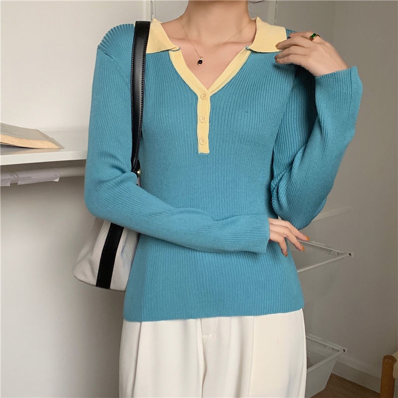 Áo Thun Dệt Kim Cổ POLO Tay Dài Màu Sắc Tương Phản Thời Trang Dành Cho Nữ
