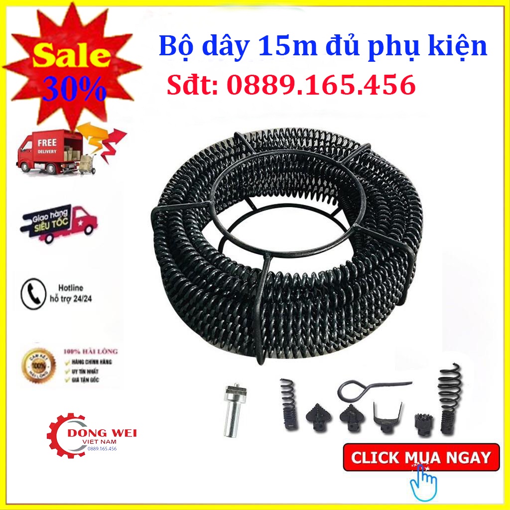 Dây thông cống tắc đường ống..vv thiết kế dạng lò xo ĐK 16mm dùng máy khoan kèm 15m dây + 6 đầu thông +1 đầu kết nối