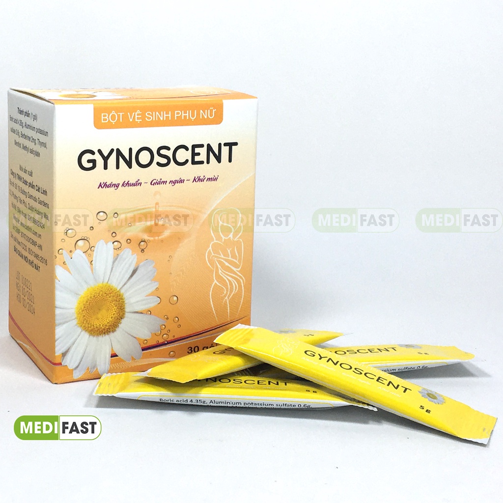 Bột pha vệ sinh phụ nữ Gynoscent của Dược Cát Linh hộp 30 gói, sạch vùng kín, diệt khuẩn, nấm mốc