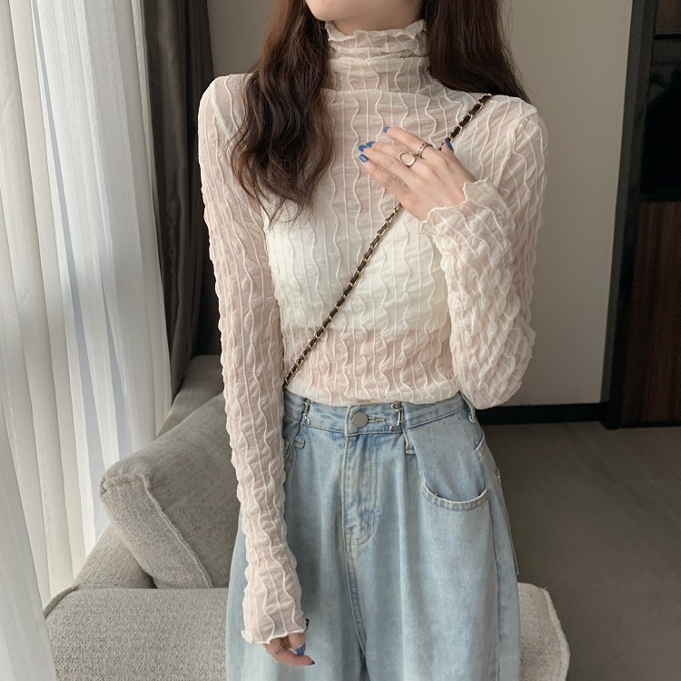 Áo lưới ren mỏng tay dài cổ cao thời trang cho nữ MS77