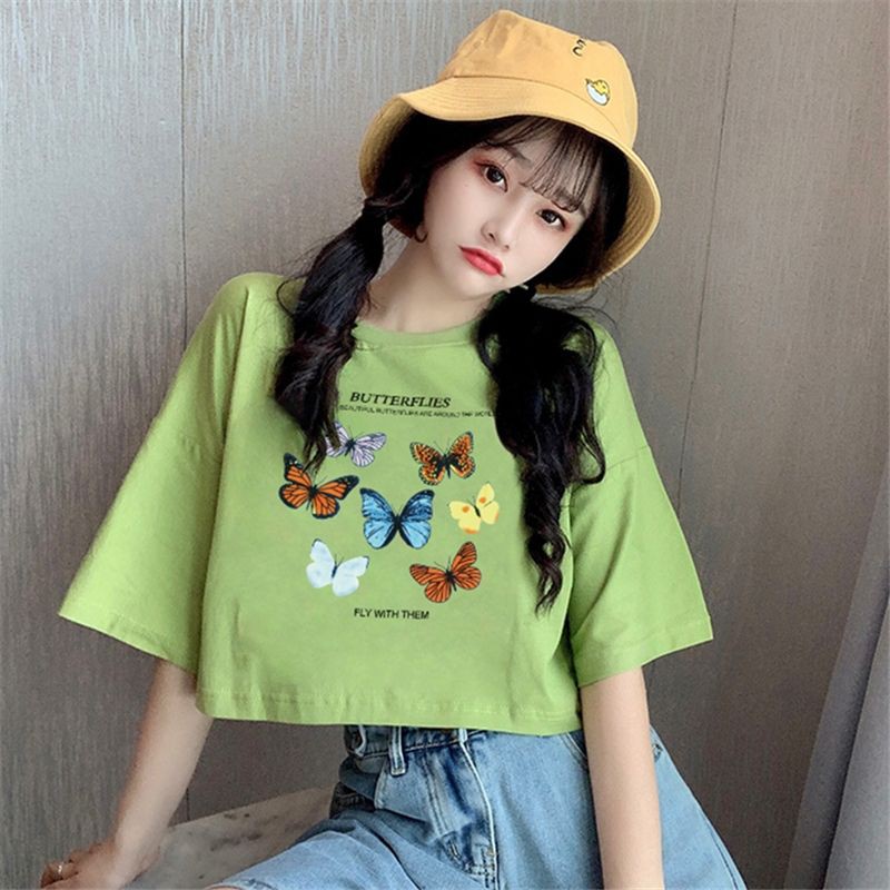 Áo croptop, áo kiểu croptop from rộng tay lỡ chất cotton mát mịn in hình bướm xinh