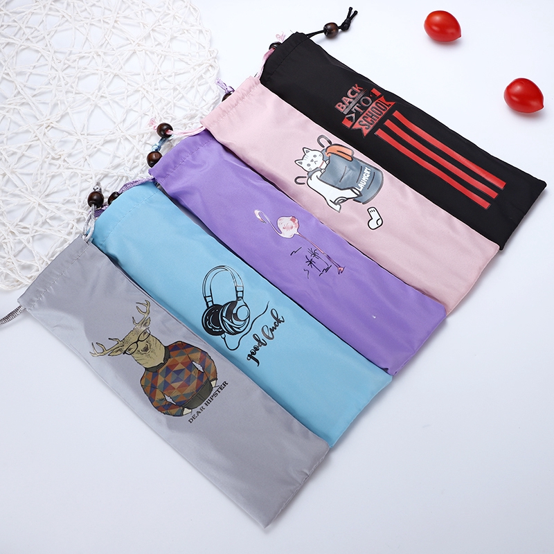 304 Food Stainless Steel Reusable 8pcs Set Metal Printing Straws Chopsticks Fork Spoon Straw W/ Cute Pouch Set