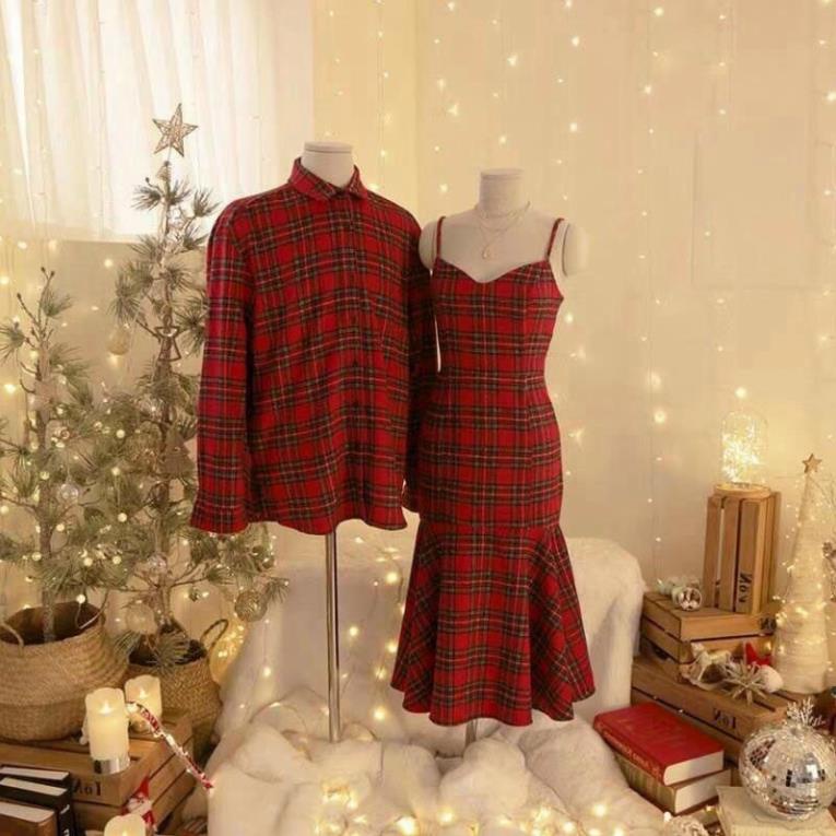 Set áo đầm đôi sọc caro đỏ áo cặp đôi nam nữ đồ cặp áo sơ mi đầm đuôi cá dài .