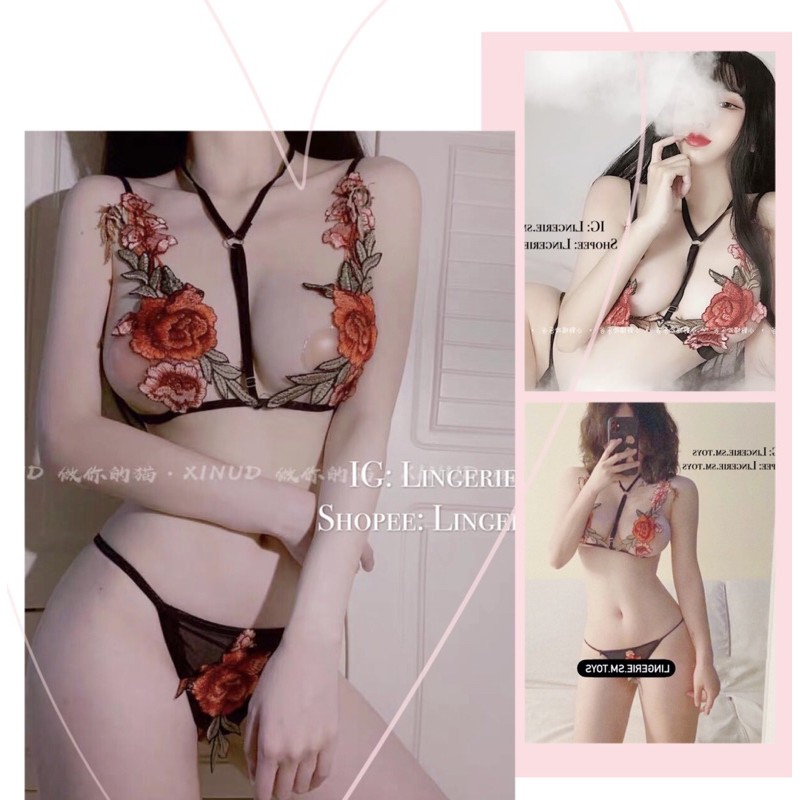 Set 2 Mảnh Ren Hoa Lá Thêu Hoạ Tiết + Dây Điểm Trước Ngực Tạo Kiểu | Sexy Lingerie ME1356