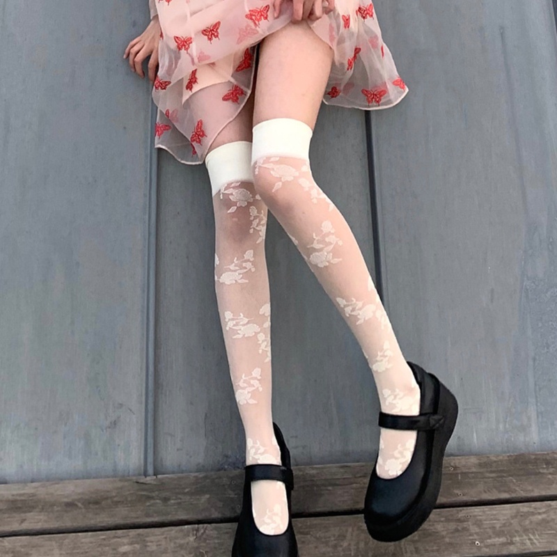 Vớ dài qua gối in họa tiết hoa và bướm phong cách Lolita Nhật Bản quyến rũ cho nữ