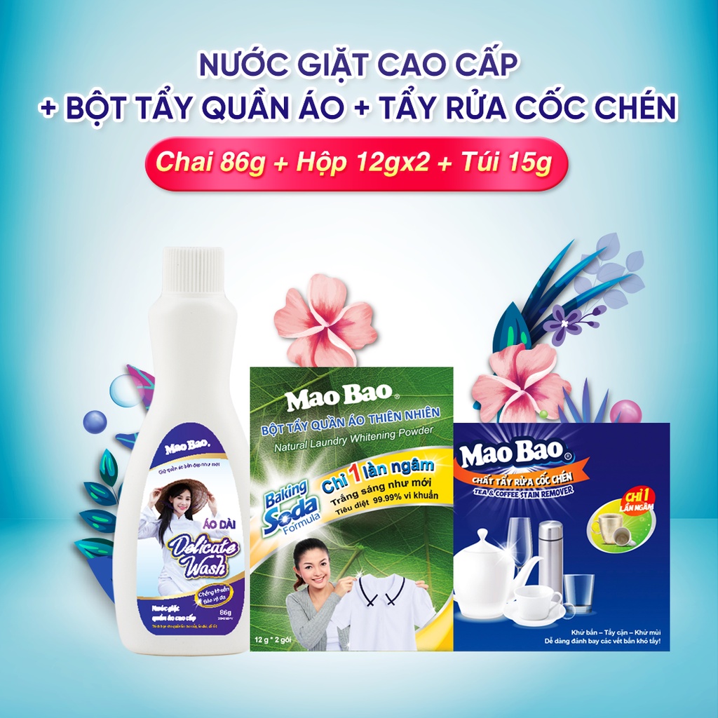 Combo Nước Giặt Quần Áo Cao Cấp Mao Bao 86g + Chất Tẩy Rửa Cốc Chén 15gx1 + Bột Tẩy Quần Áo Thiên Nhiên Mao Bao 12gx2