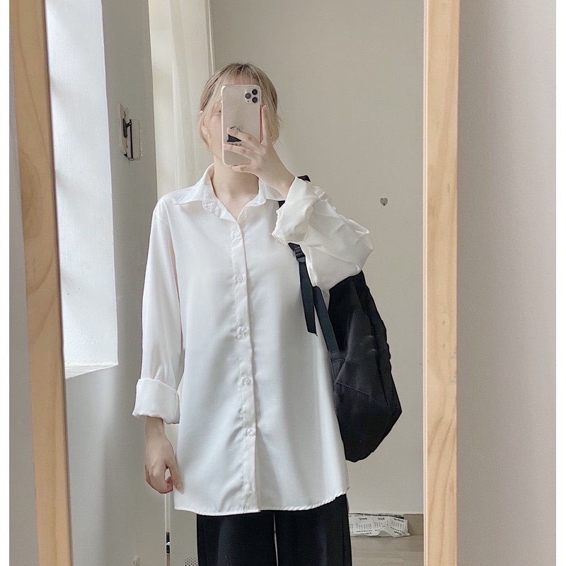 Áo Sơ Mi Nữ Tay Dài Cotton Lụa Hàn Form Rộng Unisex Màu Trắng Đen Đi Học, Đi Làm, Văn Phòng, Công sở - 539