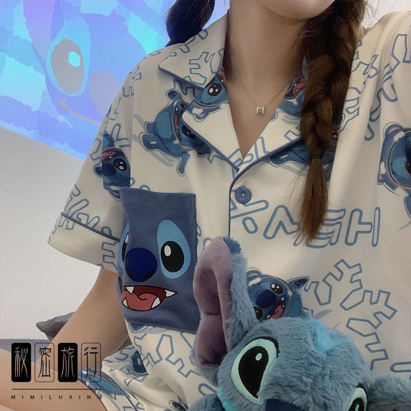 Bộ đồ ngủ tay ngắn in hình Stitch hoạt hình dành cho nữ