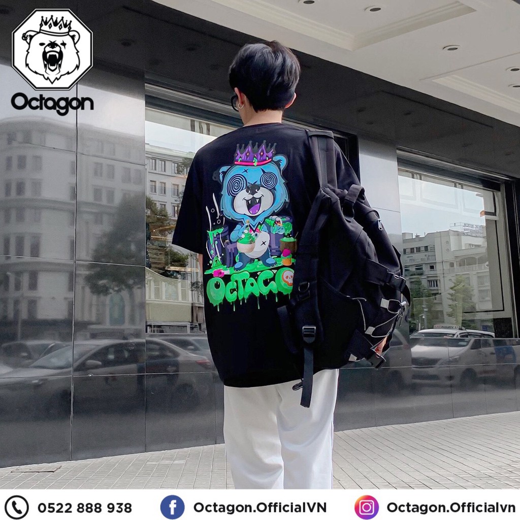 Áo Thun Tay Lỡ Nam Nữ OCTAGON PSYCHO BEAR Màu Đen Form Oversize