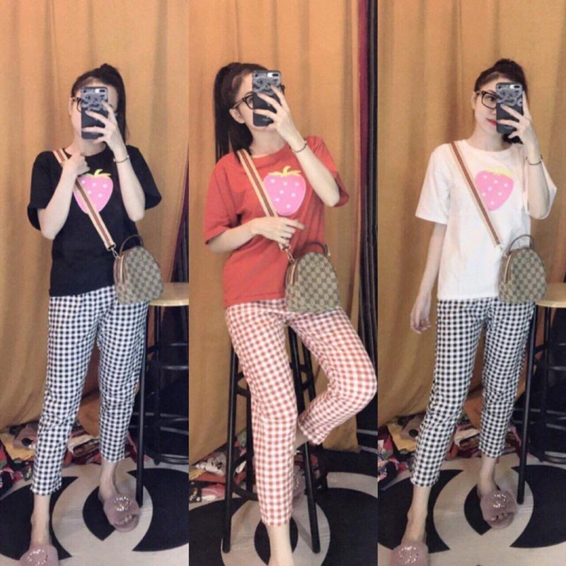 SET BỘ THỜI TRANG THIÊU TRÁI DÂU CARO SIÊU XINH